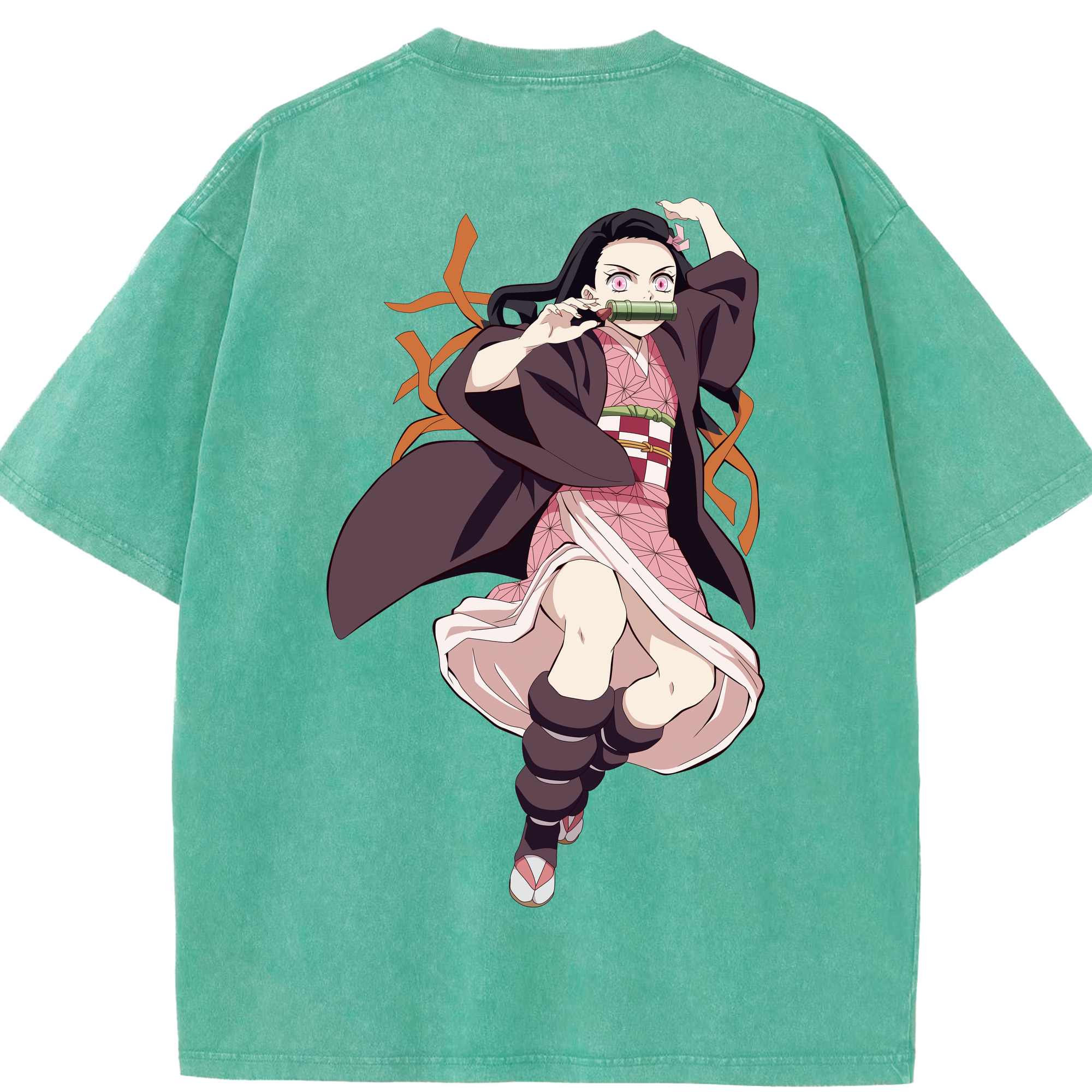 （画像用） 鬼滅の刃（きめつのやいば）竈門 禰󠄀豆子／かまど ねずこ Kamado Nezuko 綿100% ヴィンテージ風 半袖Tシャツ（背面プリント）